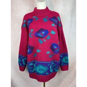 Vintage Burgundy Geometric Sweater 1980s Plus Size XL Chunky Knit